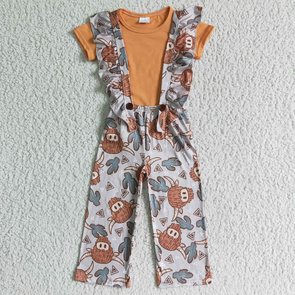 cotton orange shirt highland cows ruffle overall pants set