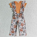 cotton orange shirt highland cows ruffle overall pants set