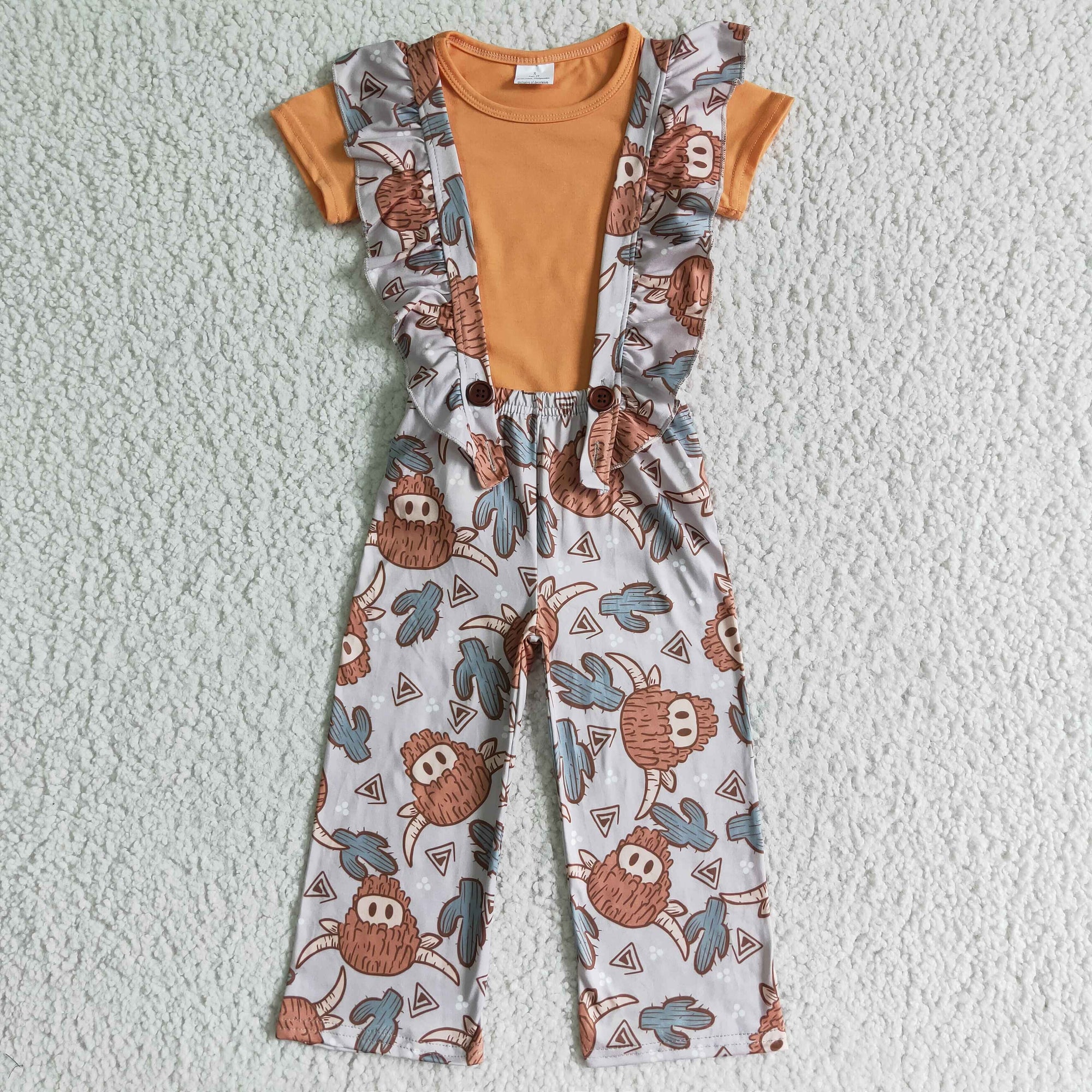 cotton orange shirt highland cows ruffle overall pants set