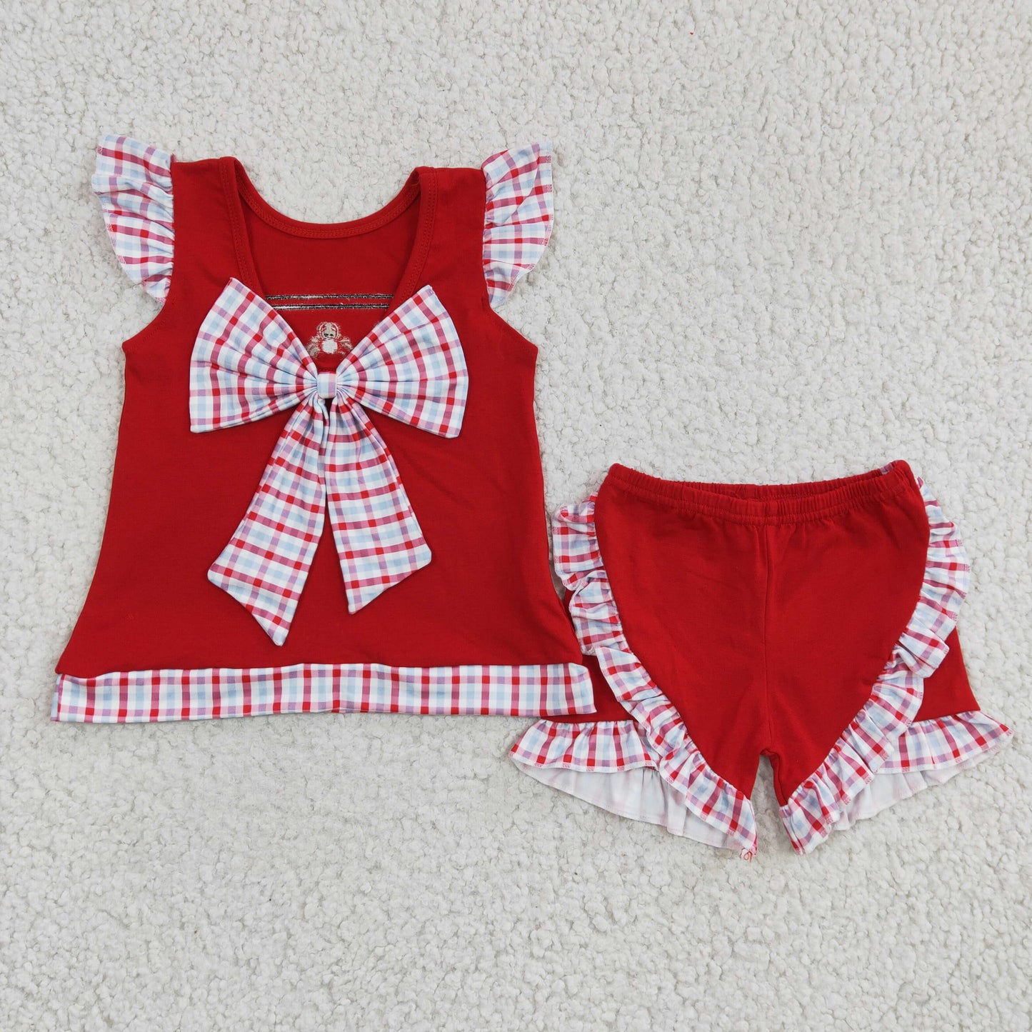 summer crab cakes embroidery red cotton shorts set