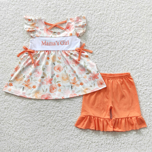 mama’s girl orange floral embroidery ruffle shorts set girl