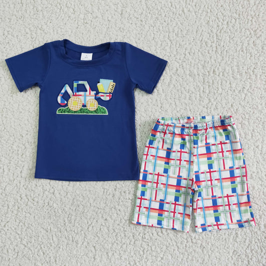 boy's outfit cotton embroidery plaid shorts set