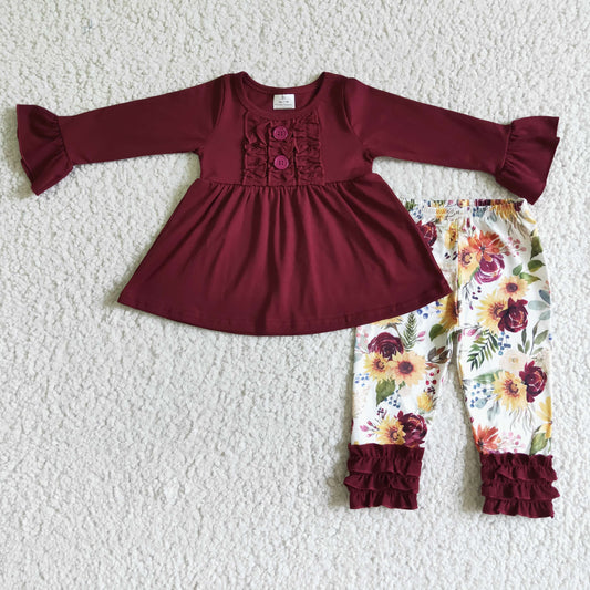 fall girl maroon top ruffle floral leggings outfit
