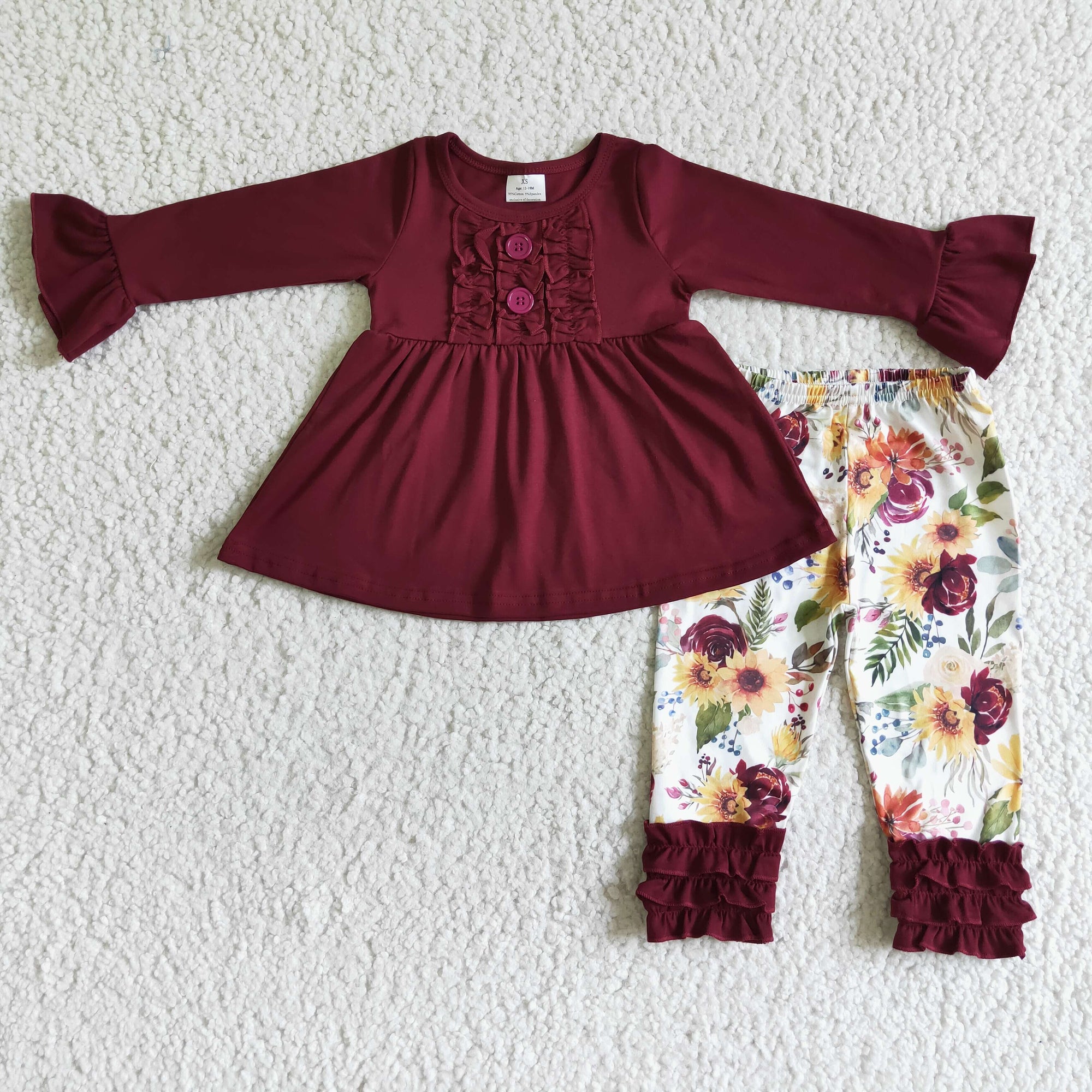 fall girl maroon top ruffle floral leggings outfit