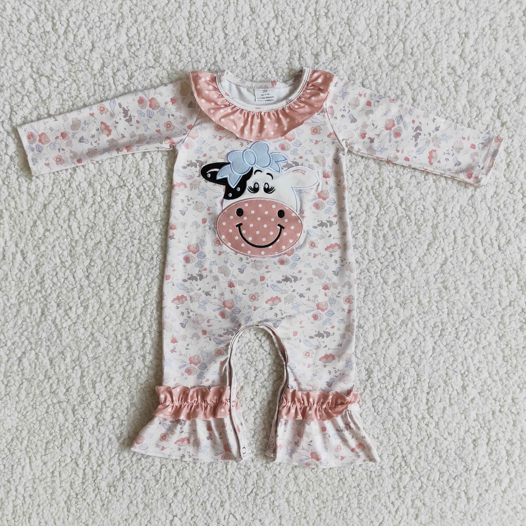 Cute Long Sleeve Floral Romper with Cow Embroidery