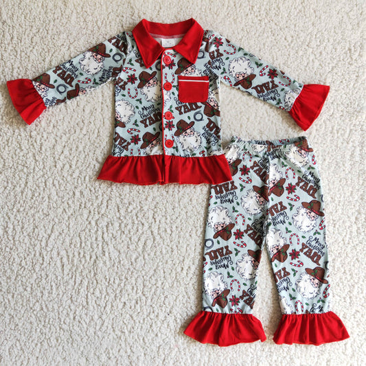 Christmas western cowgirl Santa ruffle button pajama