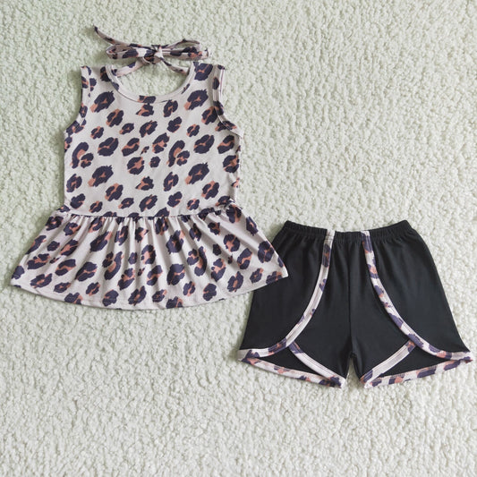 summer girl's outfit leopard tank dress black shorts set clothing
