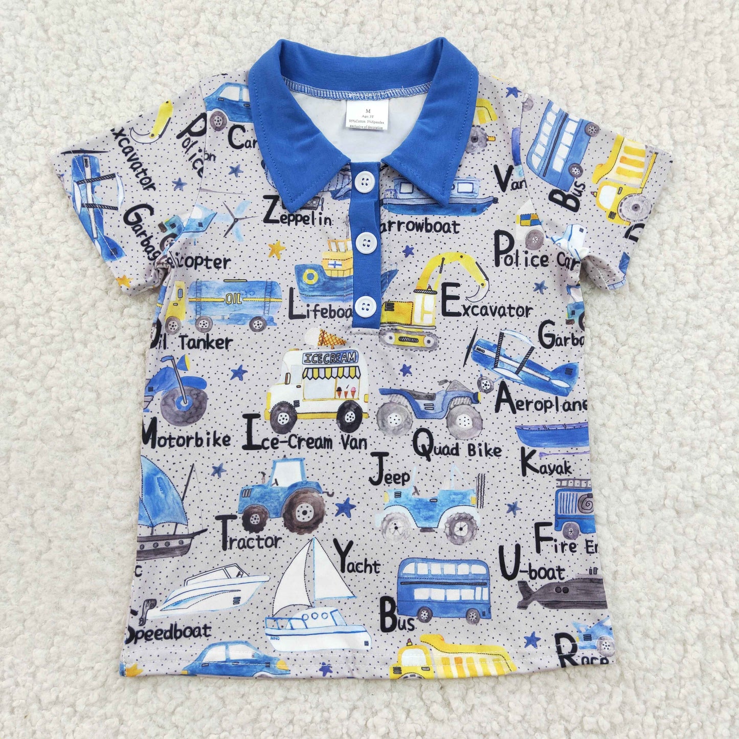 boy blue gray button t-shirt tractor excavator motor bike police car boat