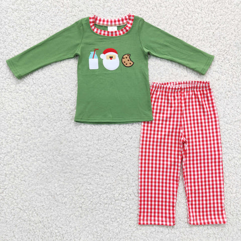 boy Christmas cookies green cotton plaid pants set