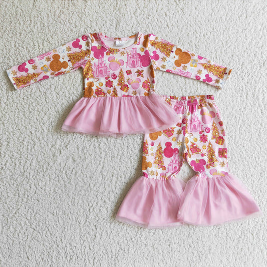 castle Christmas tree pink tutu outfit girl’s clothing