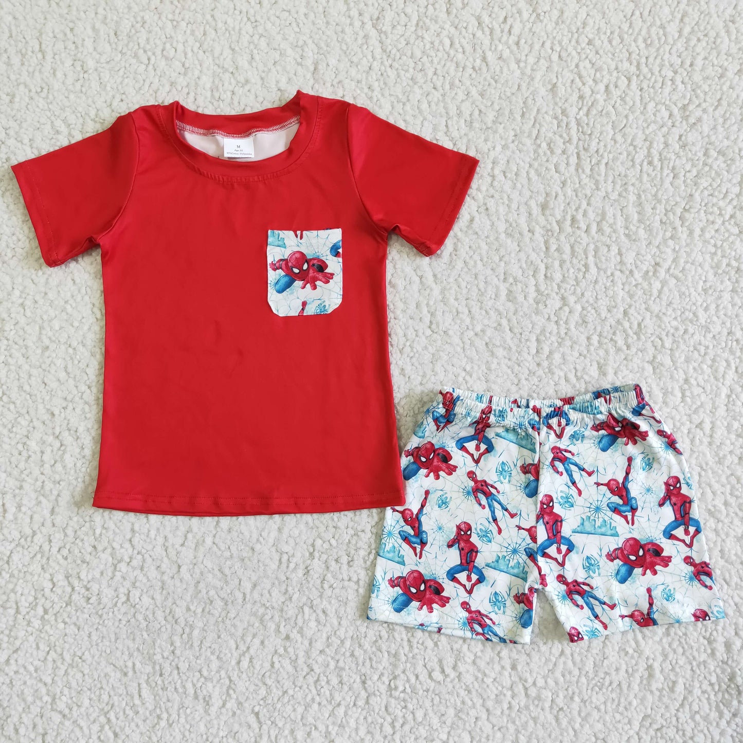 kids boy's outfit red shirt cartoon shorts set boy clothing