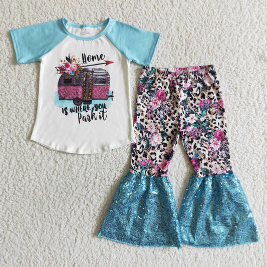 girl’s spring floral pants set sequins bottom outfit