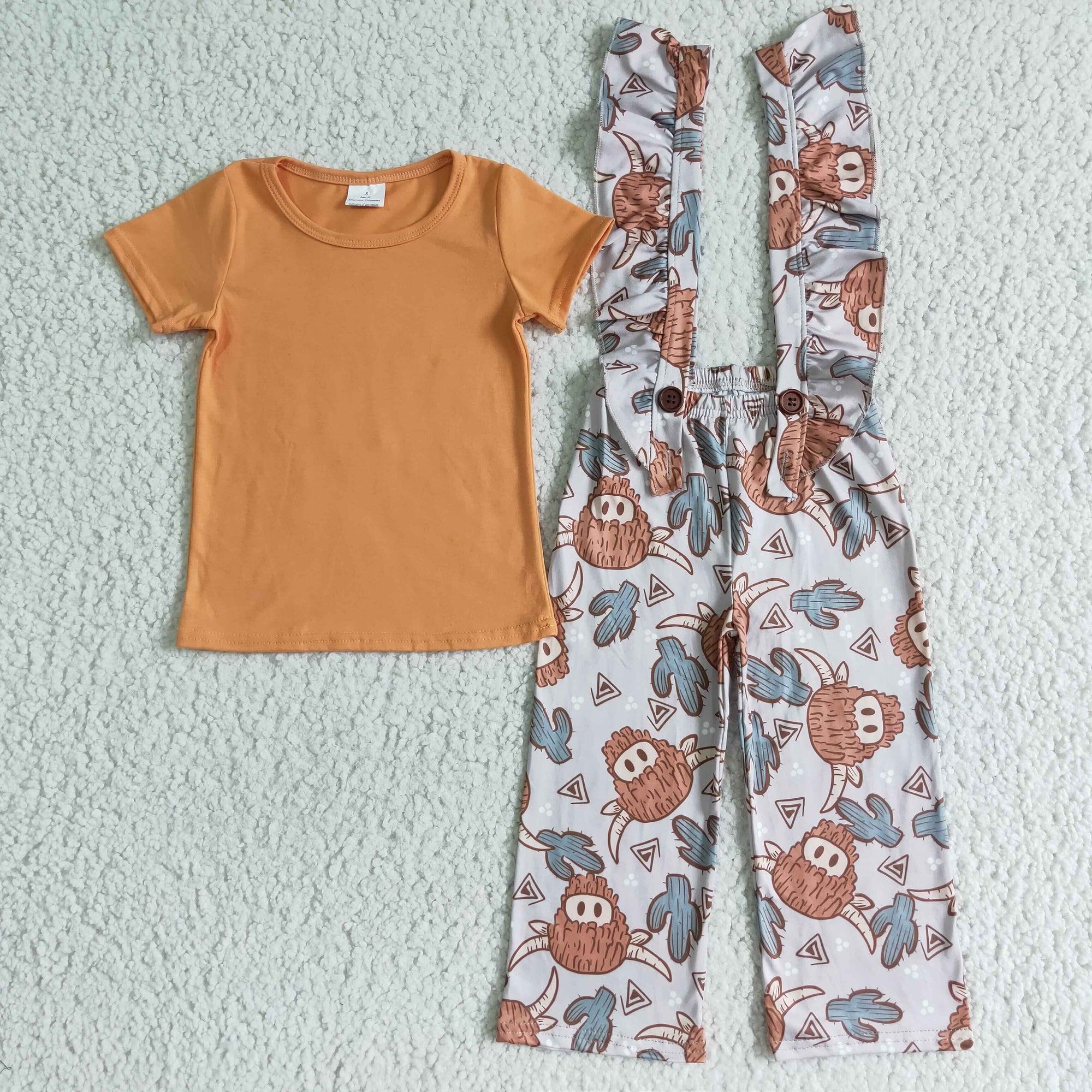 cotton orange shirt highland cows ruffle overall pants set