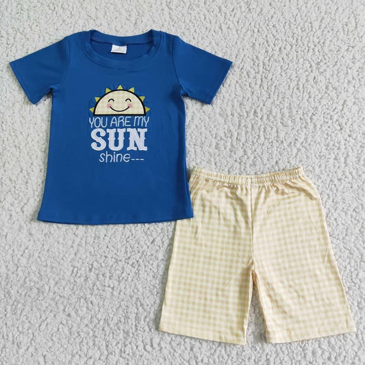 boy's clothing embroidery sunshine plaid shorts set