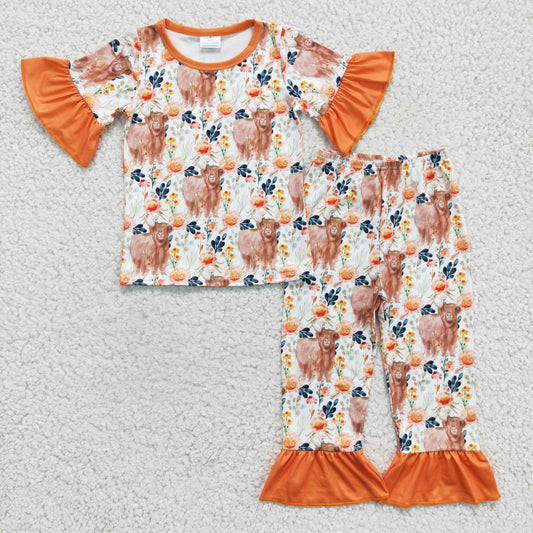 girl clothing orange highland cows pajamas