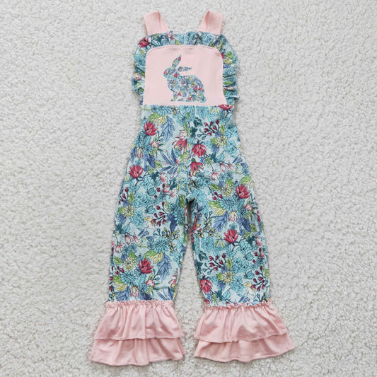 Easter ruffle floral jumpsuit with bunny print kids clothing