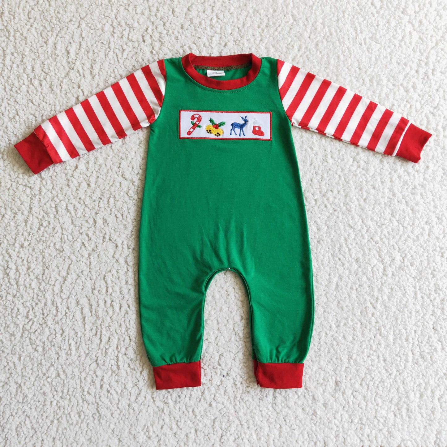 baby boy christmas green red striped embroidery romper