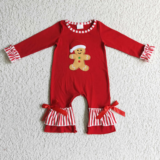 red gingerbread embroidery baby girl rompers