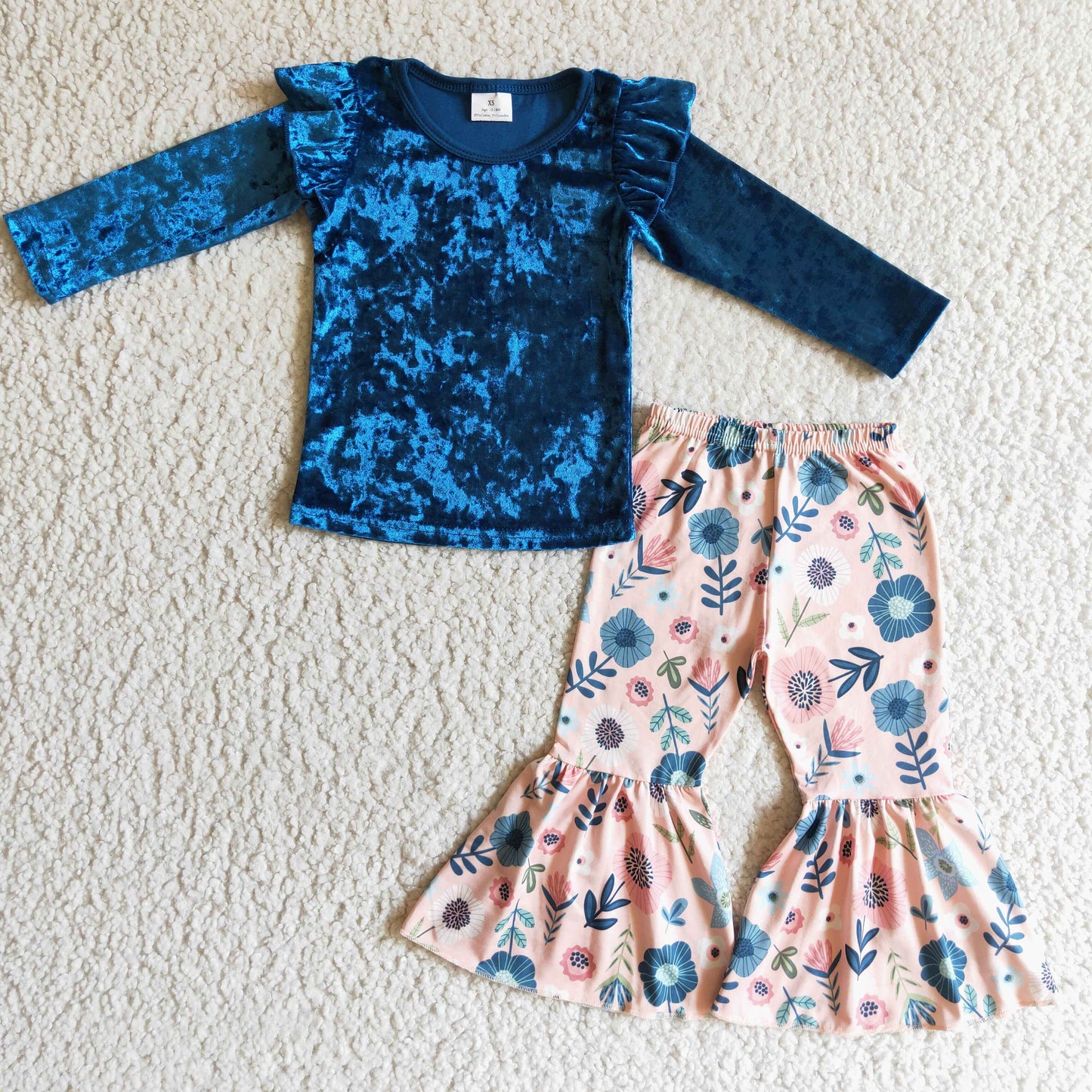 girls fall clothing blue velvet top floral outfit