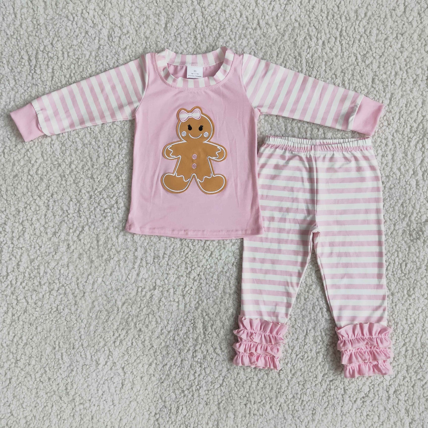 Pink Cotton Gingerbread Embroidery Christmas Pajamas Girl