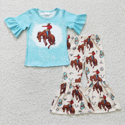 western clothes baby girl blue ruffle sleeve rodeo outfit