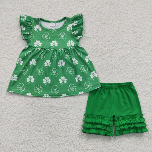 St partrick clover green cotton ruffle shorts set