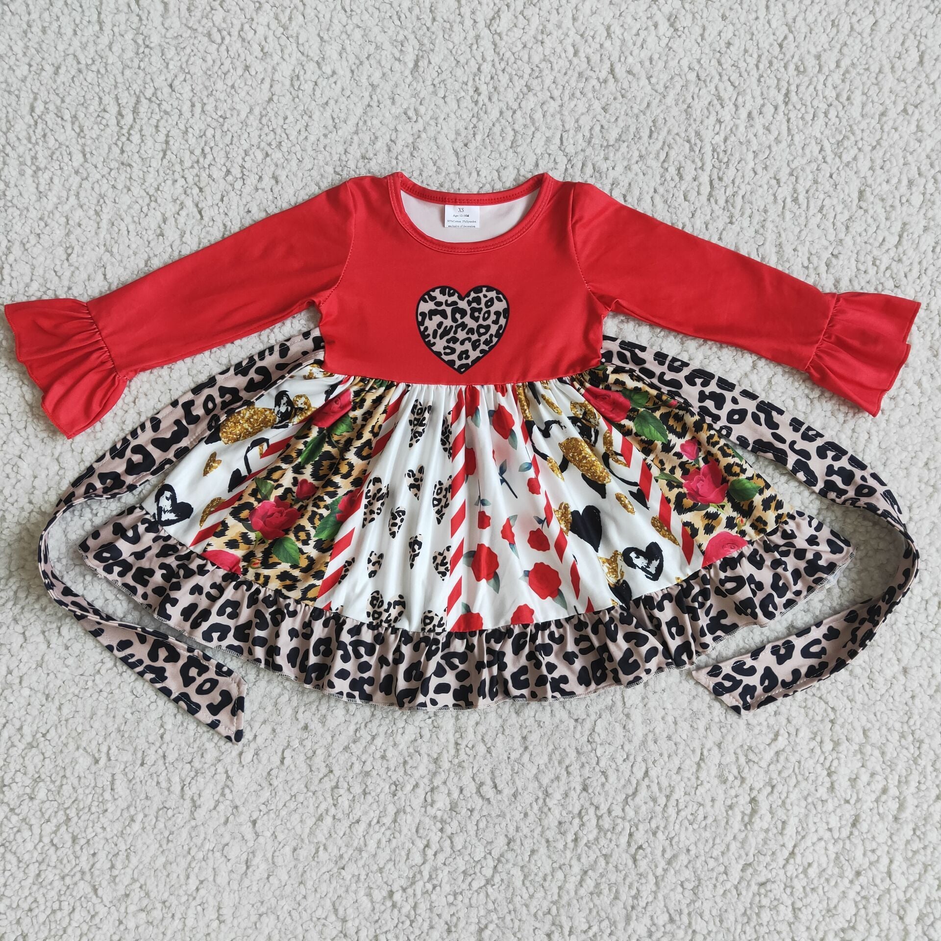 Red long sleeve leopard heart valentines dress