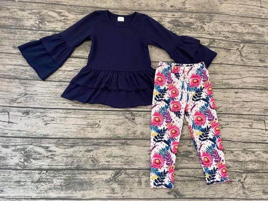 Navy blue top floral leggings set for fall