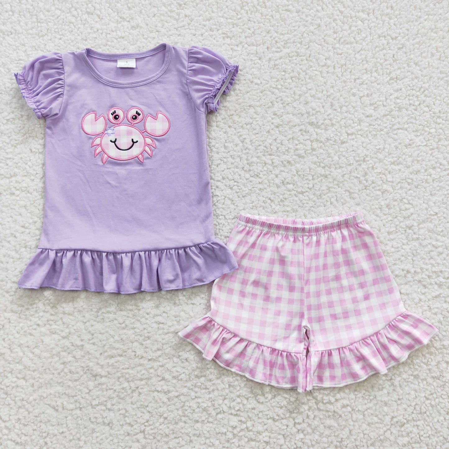 girl purple crab embroidery plaid shorts set