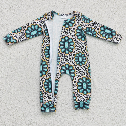 kids long sleeve turquoise leopard zip romper