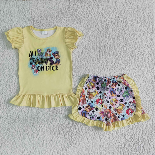 yellow cartoon dog print ruffle shorts set