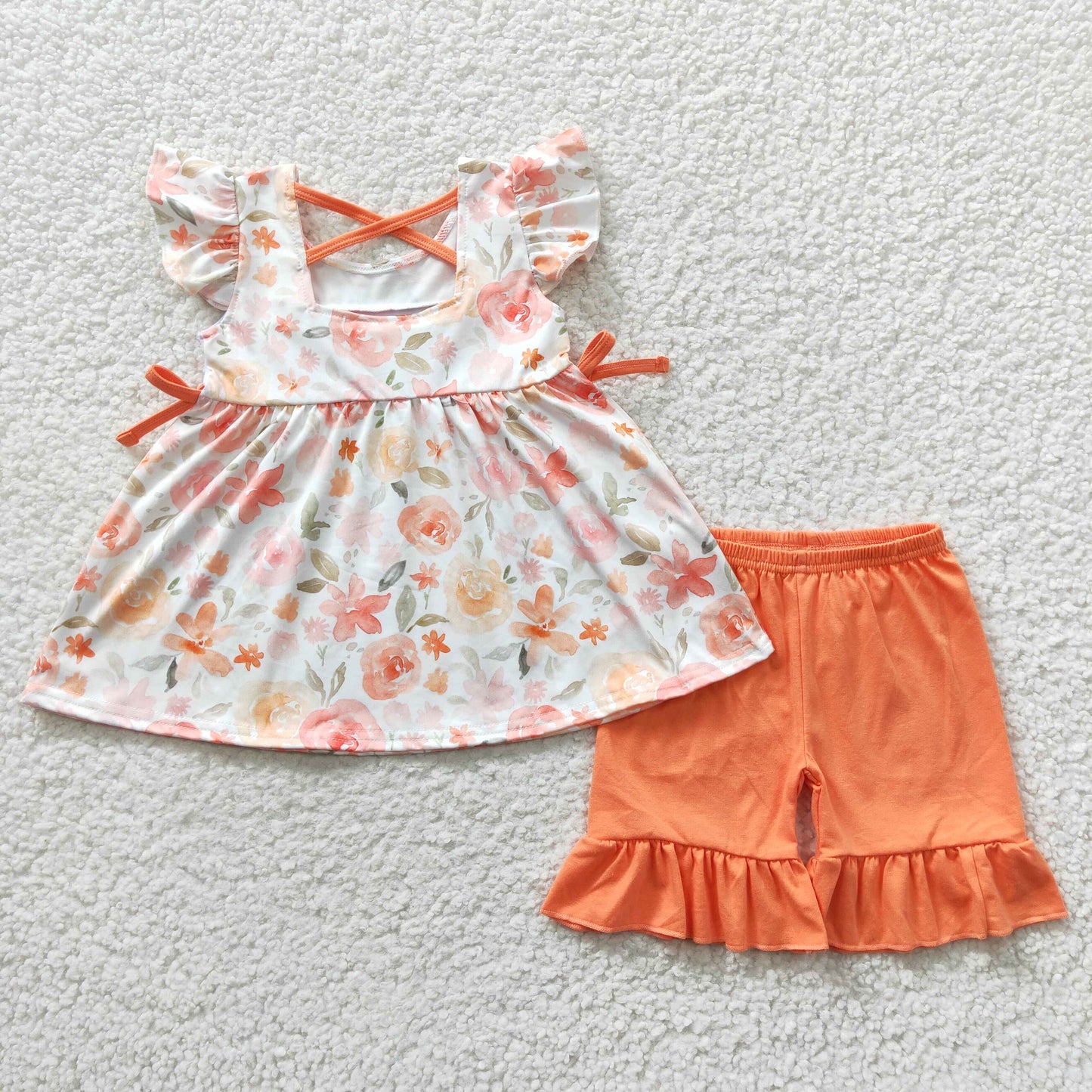 mama’s girl orange floral embroidery ruffle shorts set girl