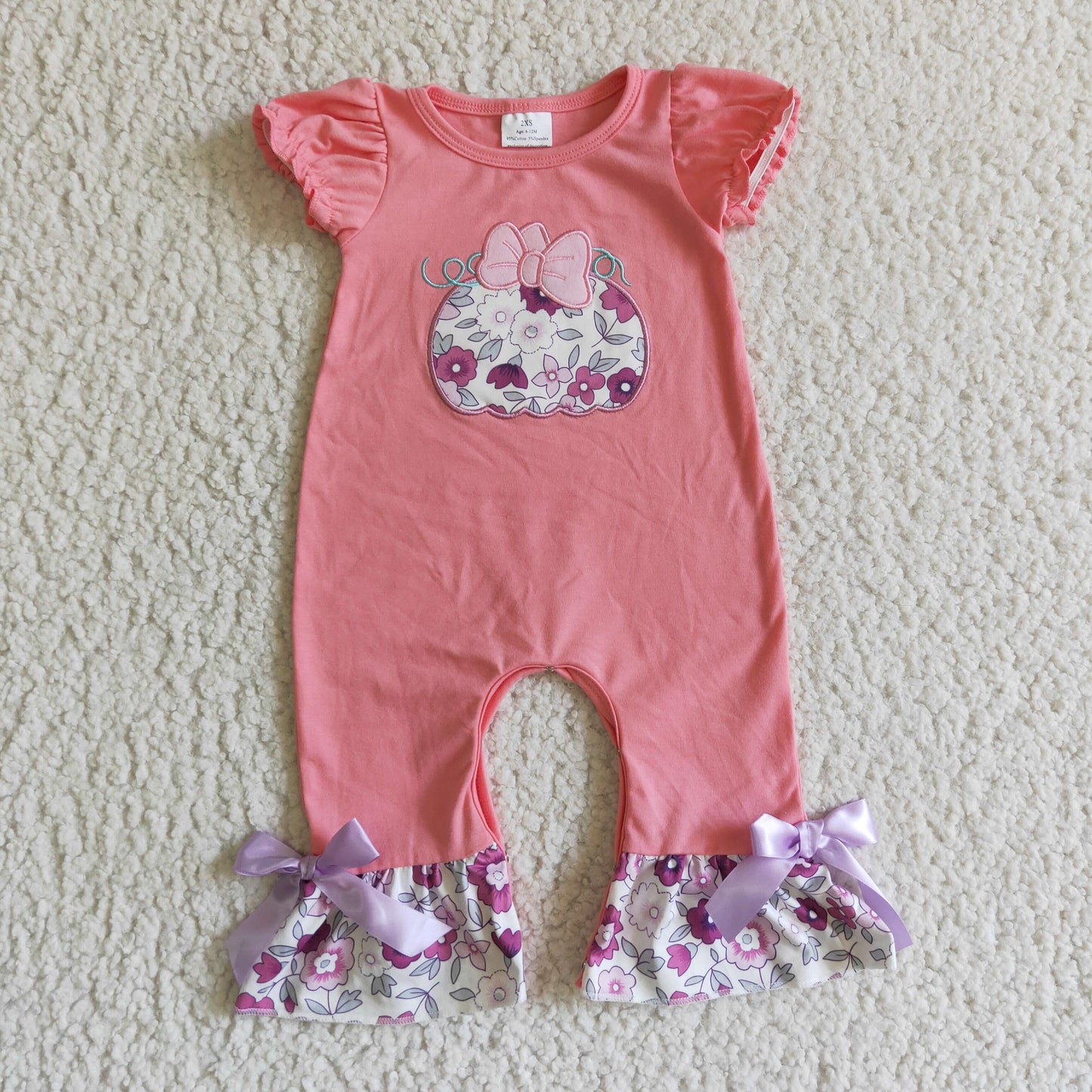 fall pink floral pumpkin embroidery baby romper
