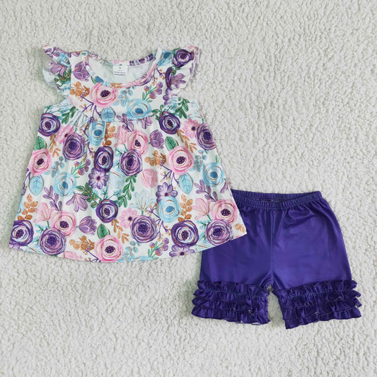 girl summer clothes floral shorts set purple