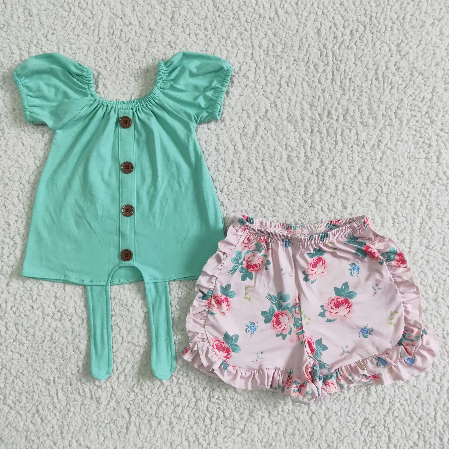 girl’s outfit cotton top pink floral shorts set for summer