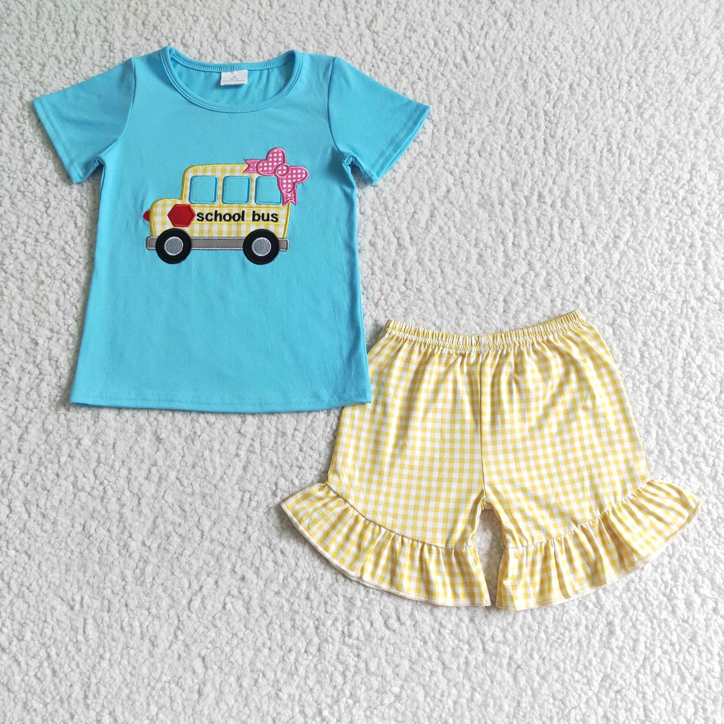 girl's back to school outfit shorts set bus embroidery