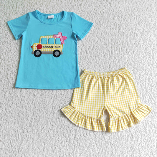 girl's back to school outfit shorts set bus embroidery