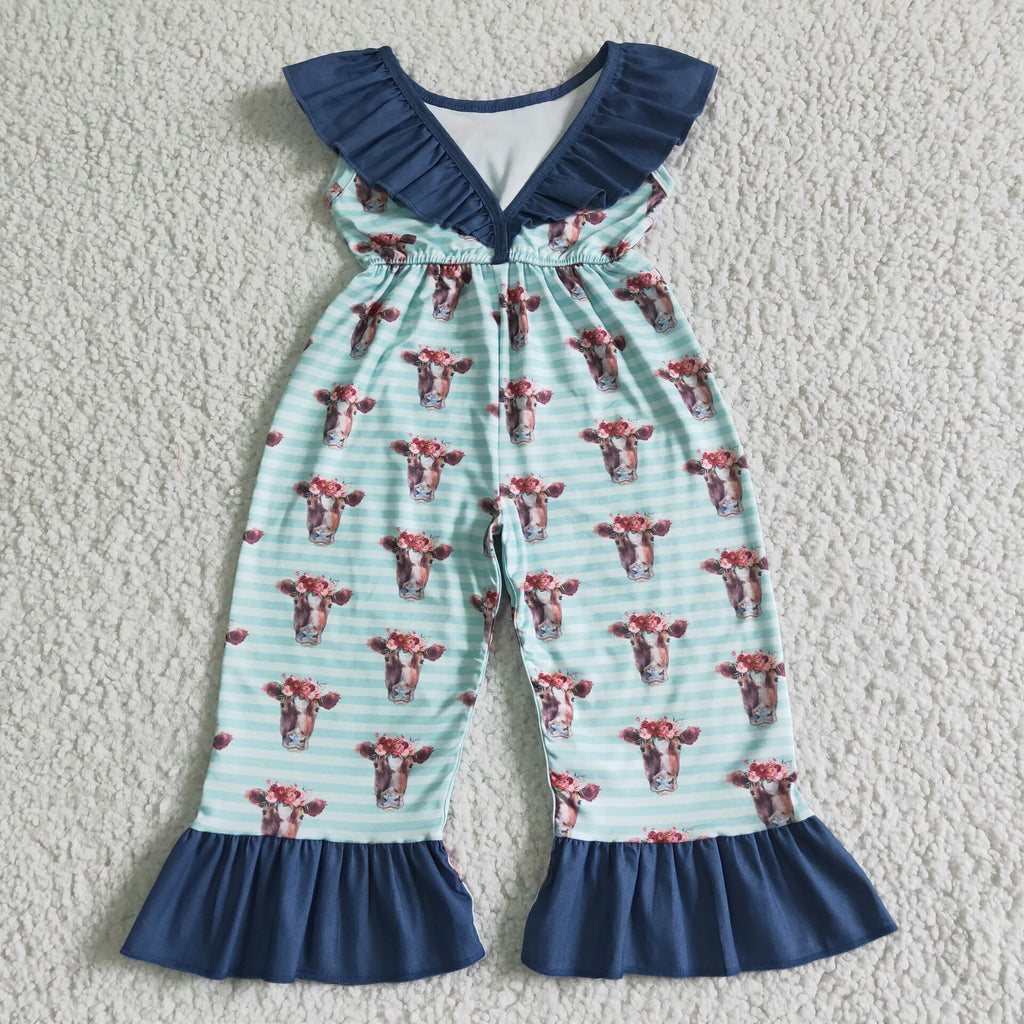 girl’s blue cow stripe jumpsuit