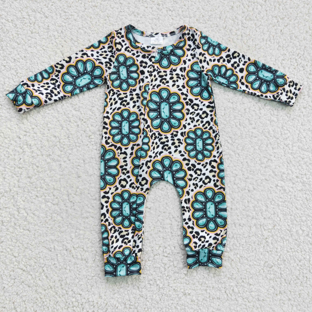 kids long sleeve turquoise leopard zip romper