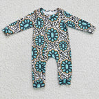 kids long sleeve turquoise leopard zip romper