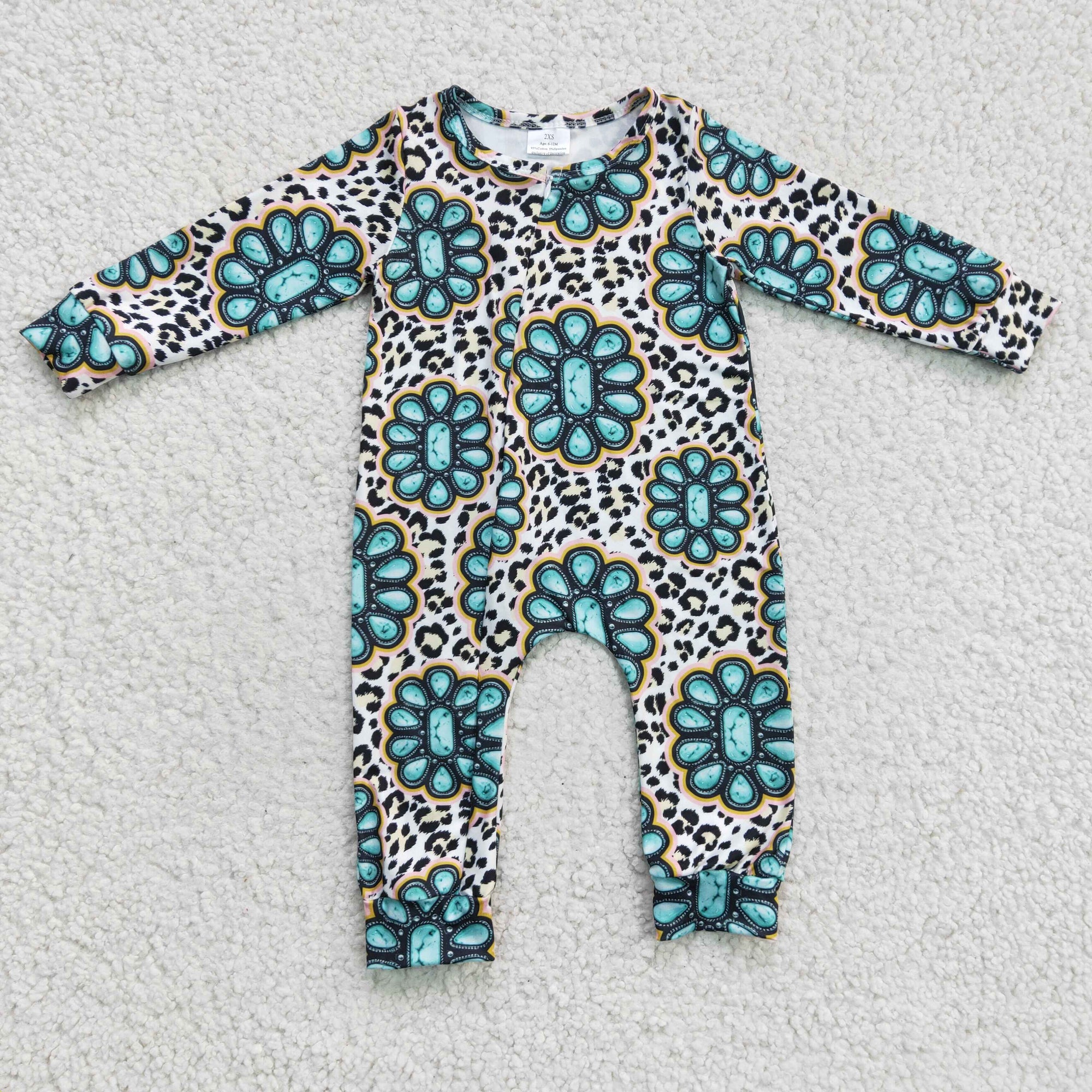 kids long sleeve turquoise leopard zip romper