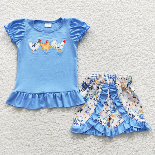 girl blue floral chicken embroidery shorts set