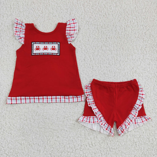 summer crab cakes embroidery red cotton shorts set