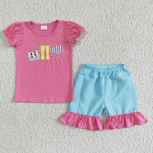 rain embroidery outfit seersucker shorts set