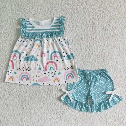 girl’s outfit summer rainbow shorts set